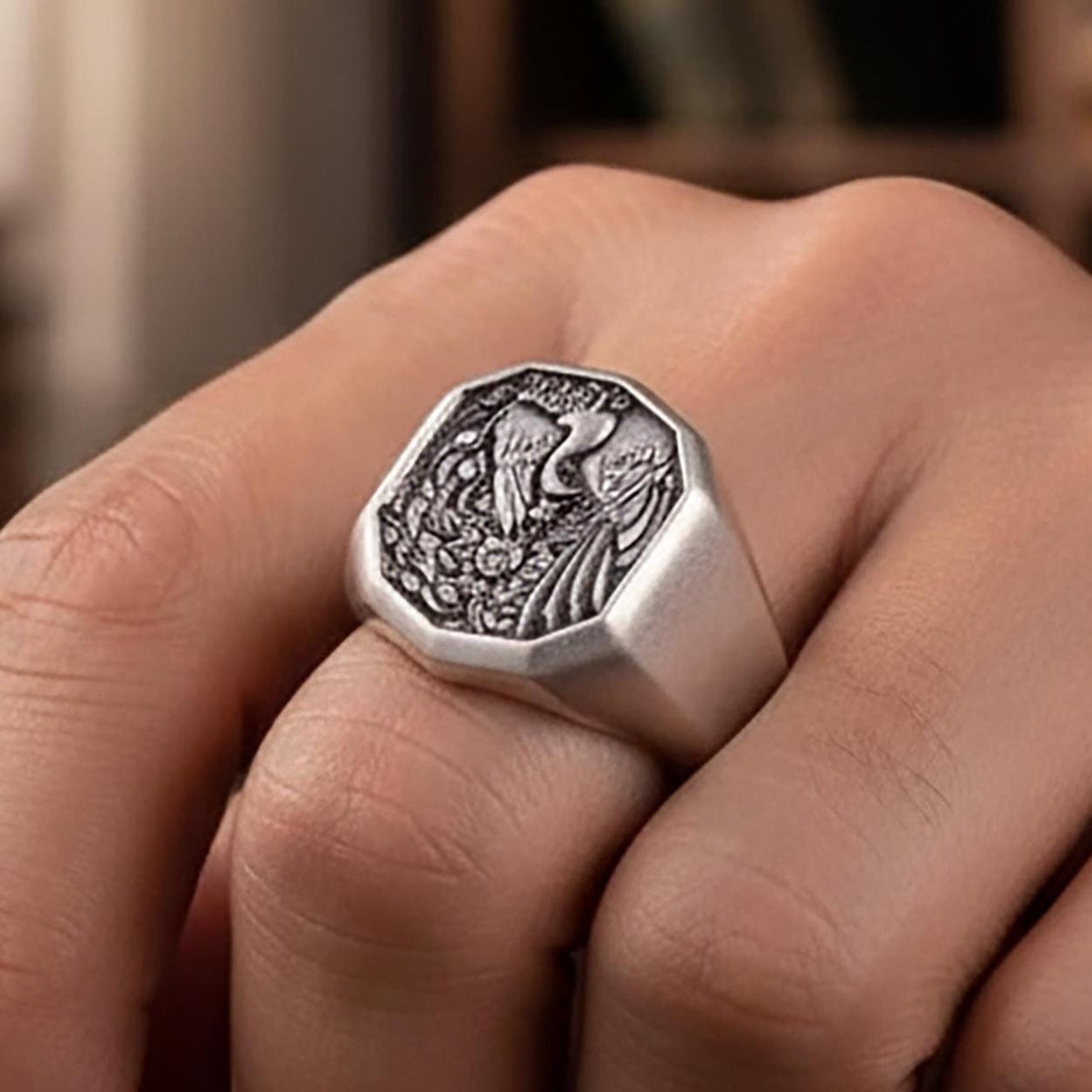 Decagonal Peacock Ring – Sterling Silver Engravable Nature Symbol Band, Feather Design