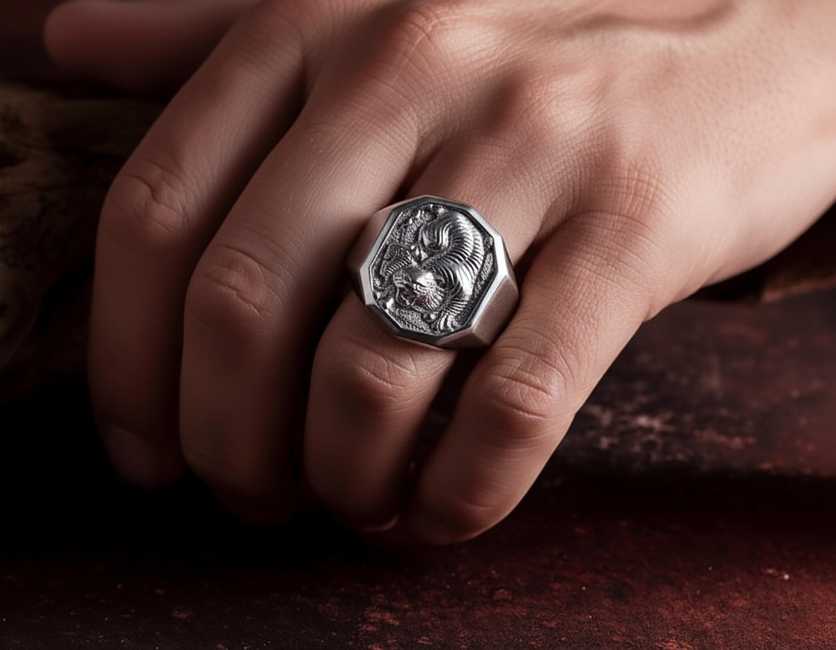 Sterling Silver Decagonal Tiger Ring – Engravable Statement Band