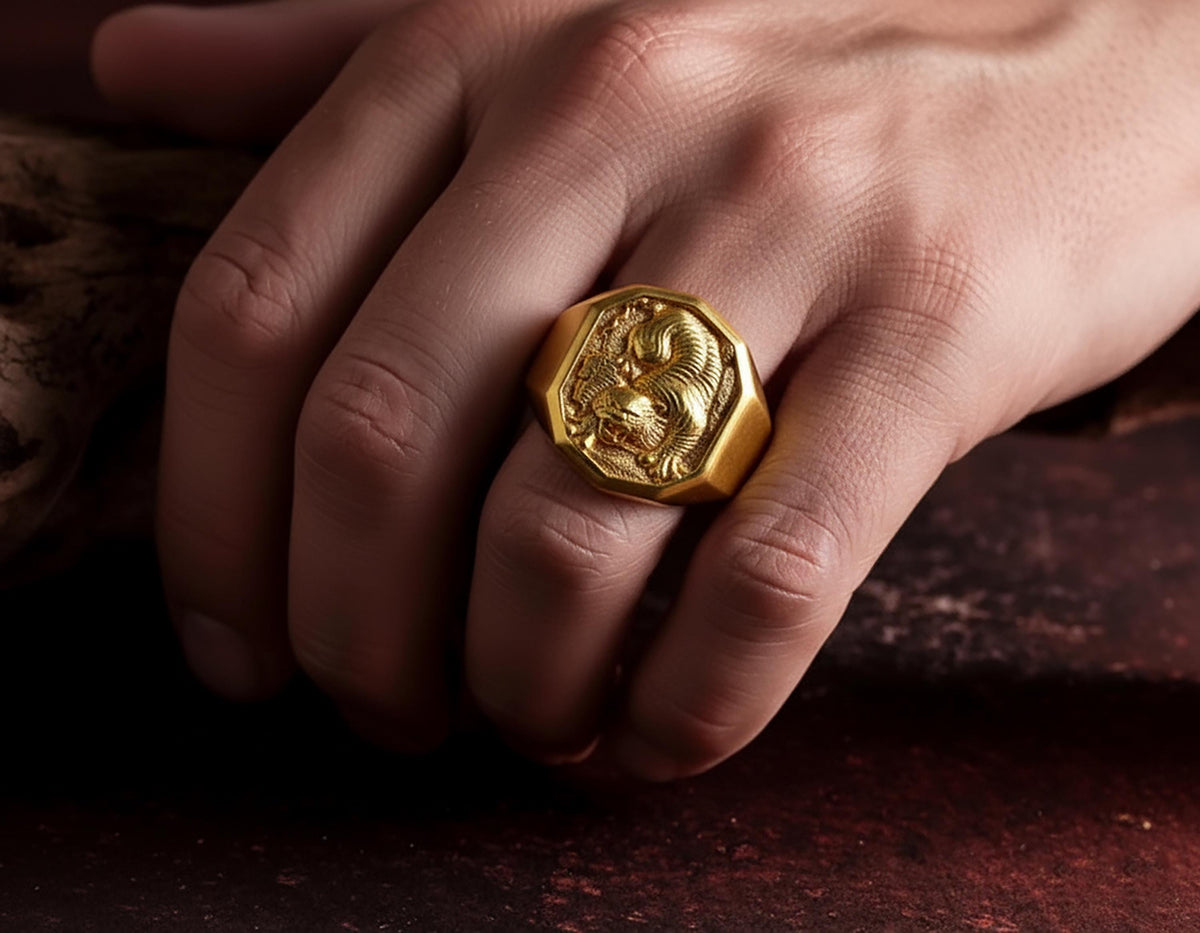 Sterling Silver Decagonal Tiger Ring – Engravable Statement Band