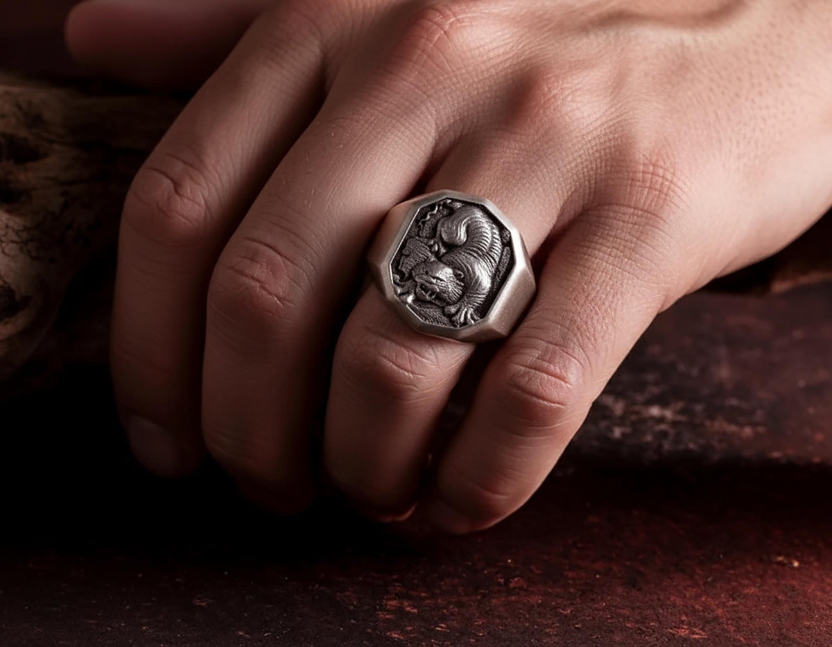 Sterling Silver Decagonal Tiger Ring – Engravable Statement Band
