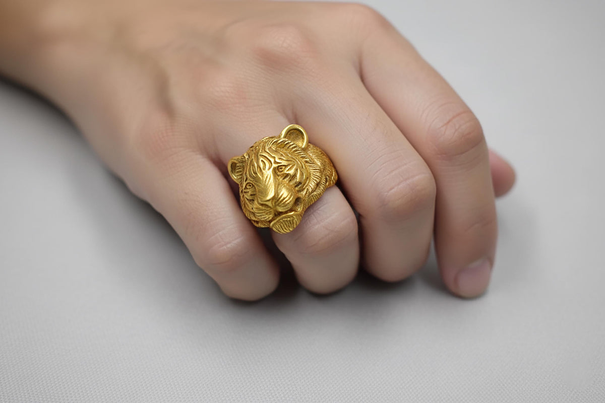 Sterling Silver Tiger Head Ring, Asian Animal Jewelry