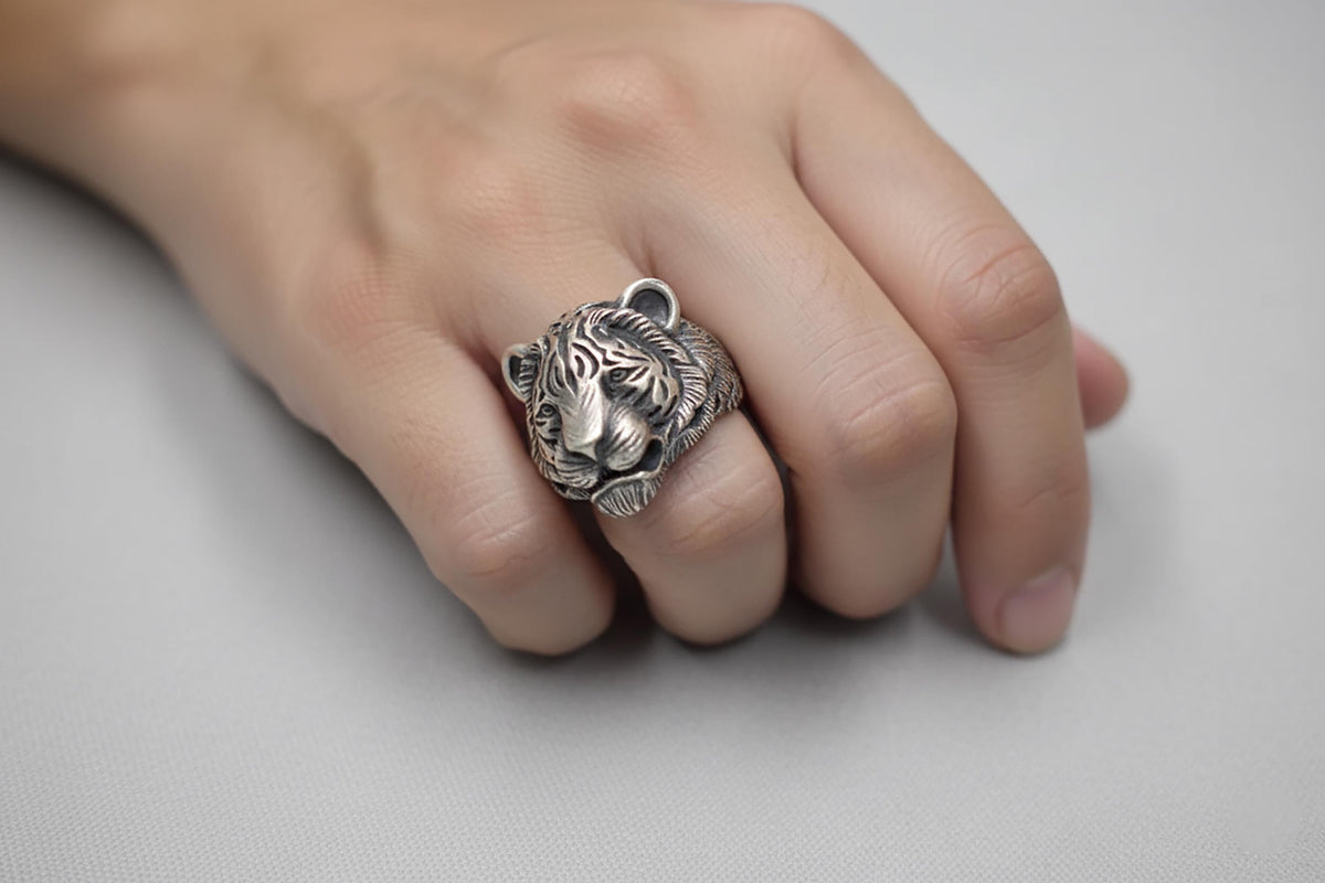 Sterling Silver Tiger Head Ring, Asian Animal Jewelry