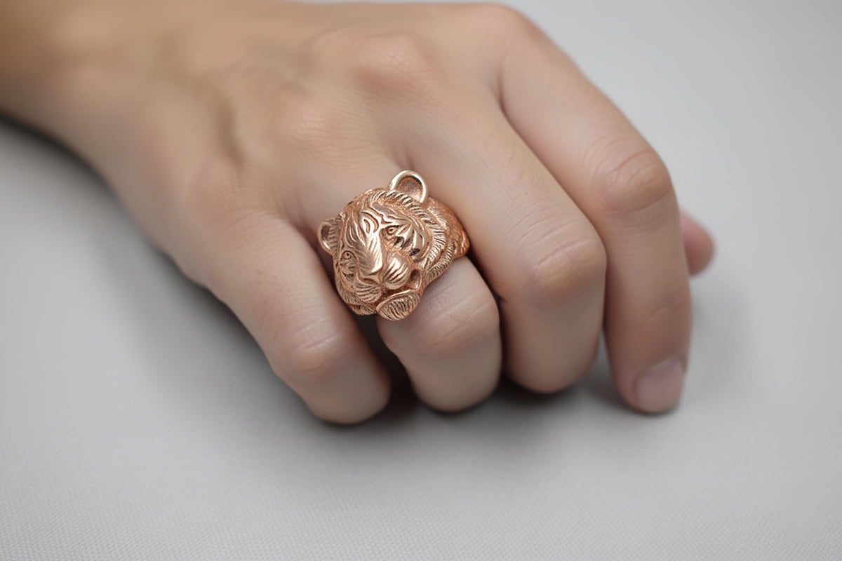 Sterling Silver Tiger Head Ring, Asian Animal Jewelry