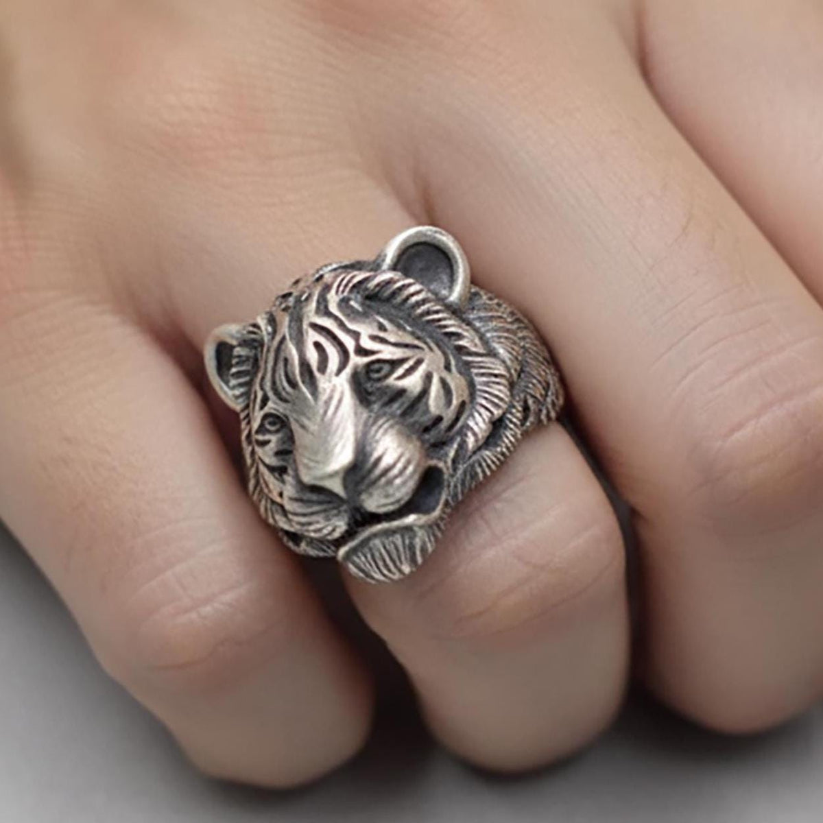 Sterling Silver Tiger Head Ring, Asian Animal Jewelry