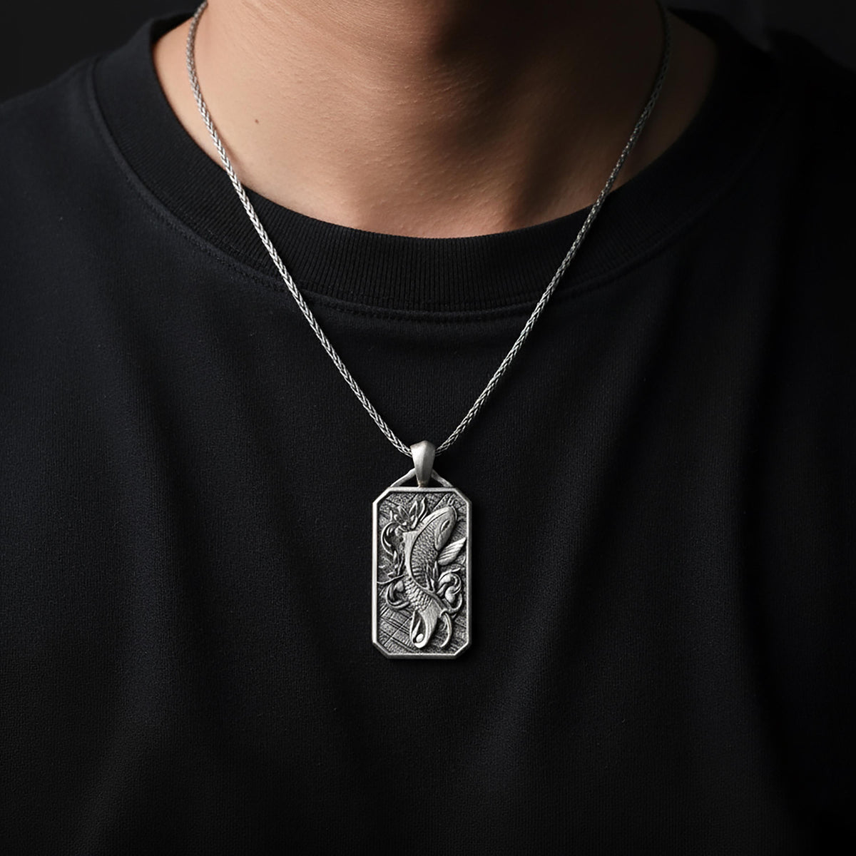Koi Engraved Sterling Silver Necklace, Asian Carp Pendant