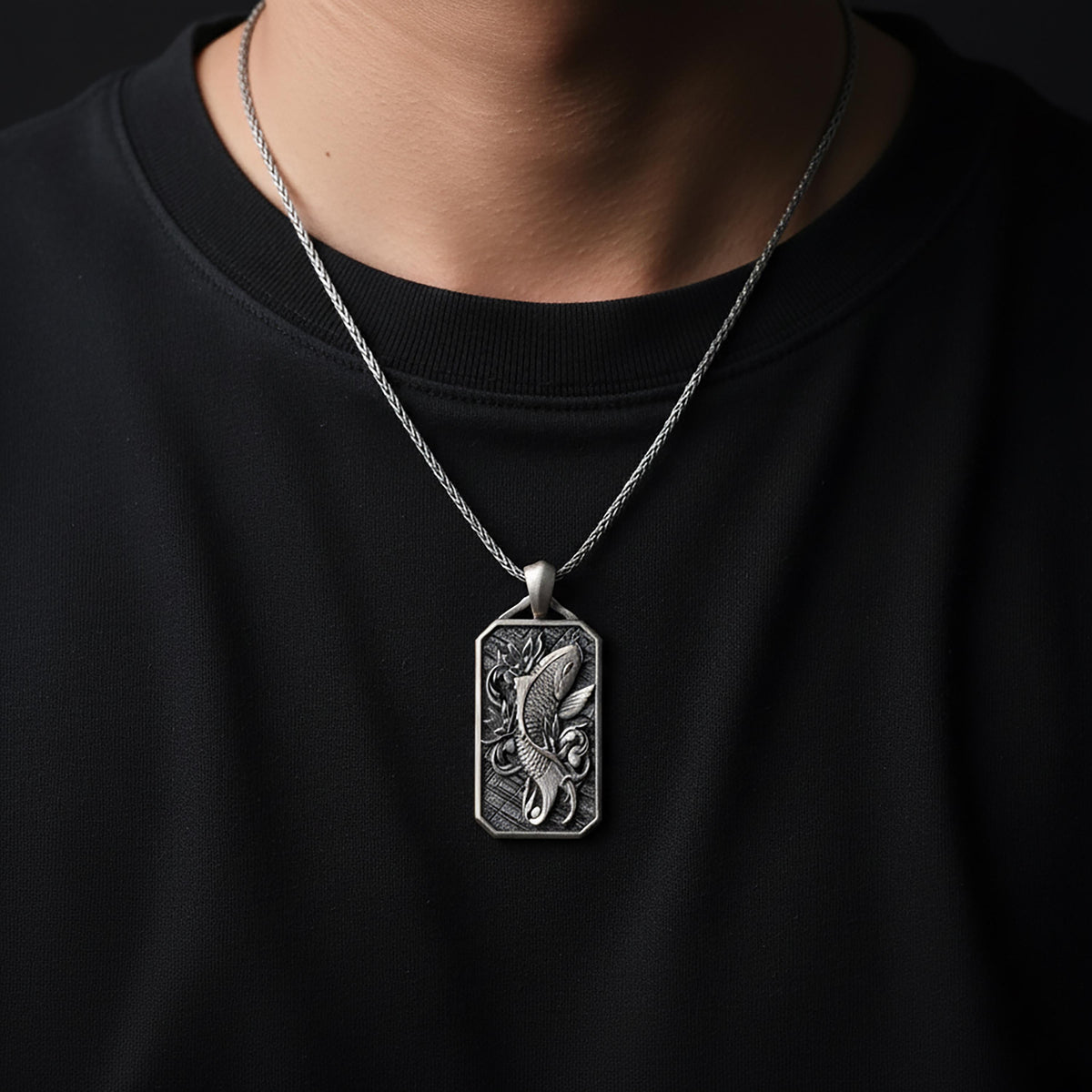 Koi Engraved Sterling Silver Necklace, Asian Carp Pendant