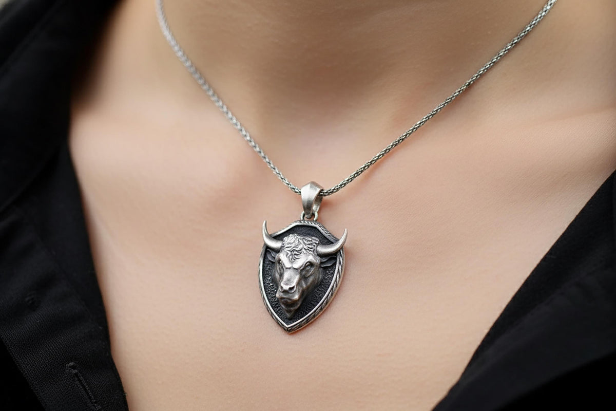 Sterling Silver Shield Bull Pendant Necklace, Taurus Zodiac Amulet