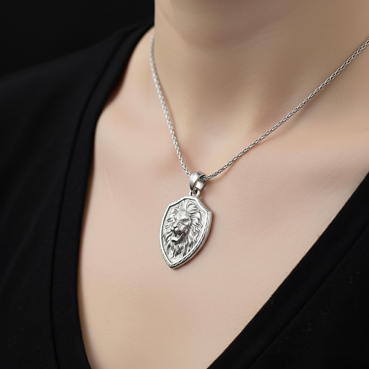 Sterling Silver Roaring Lion Shield Pendant, Courage Necklace