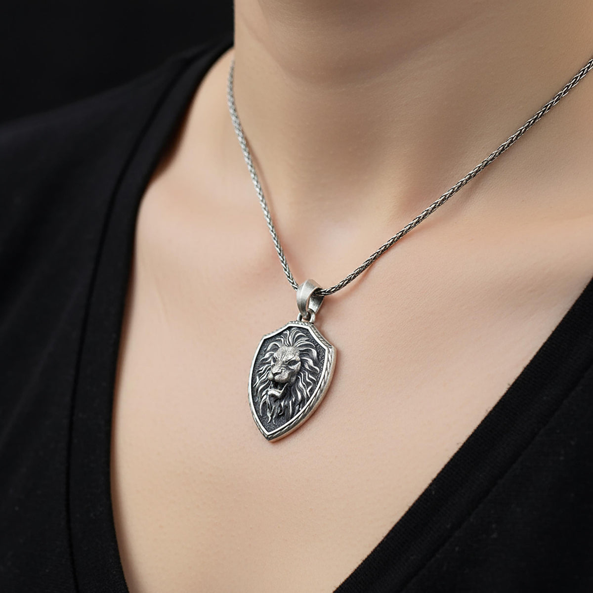 Sterling Silver Roaring Lion Shield Pendant, Courage Necklace