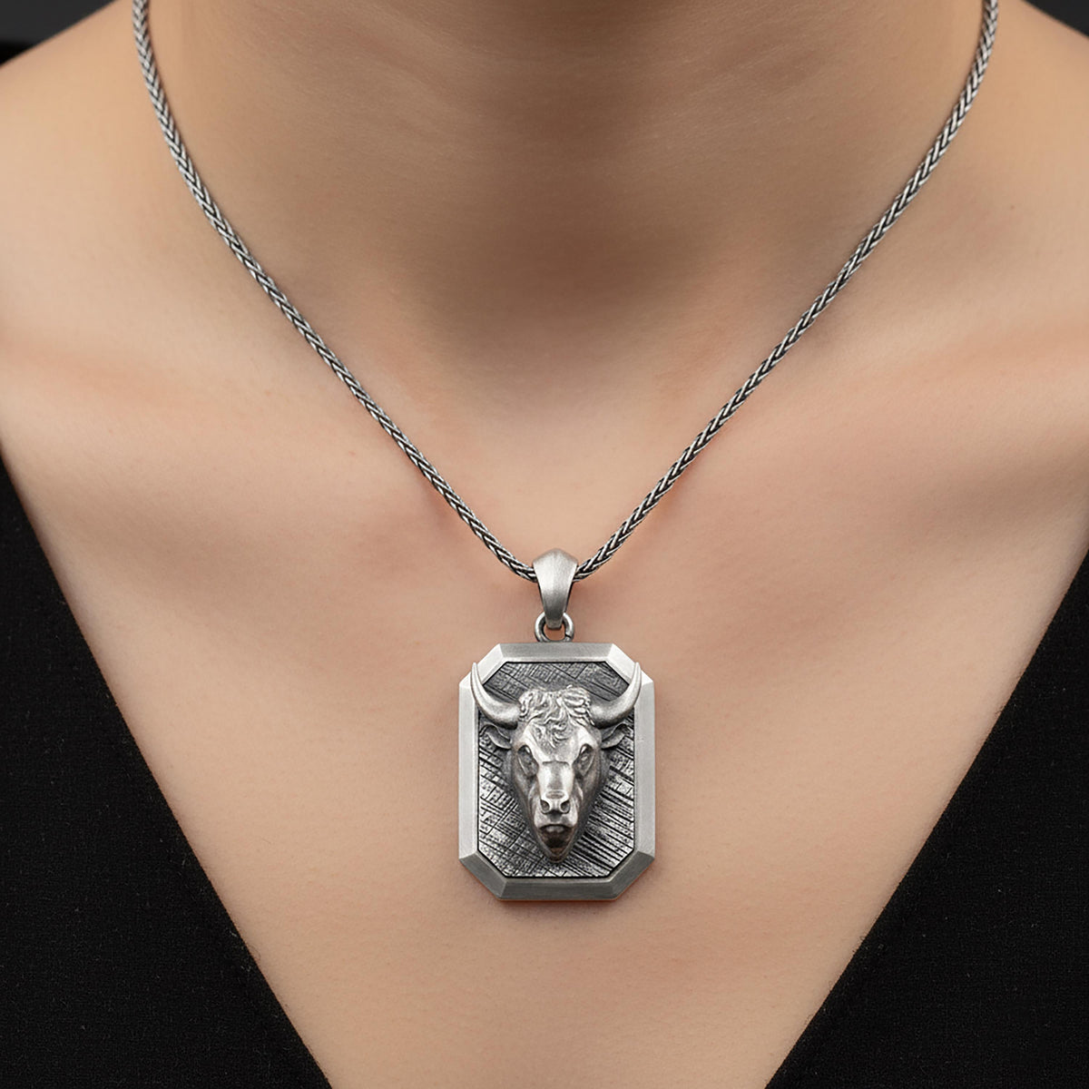 Sterling Silver Bull Head Pendant Necklace, Engravable Taurus Jewelry