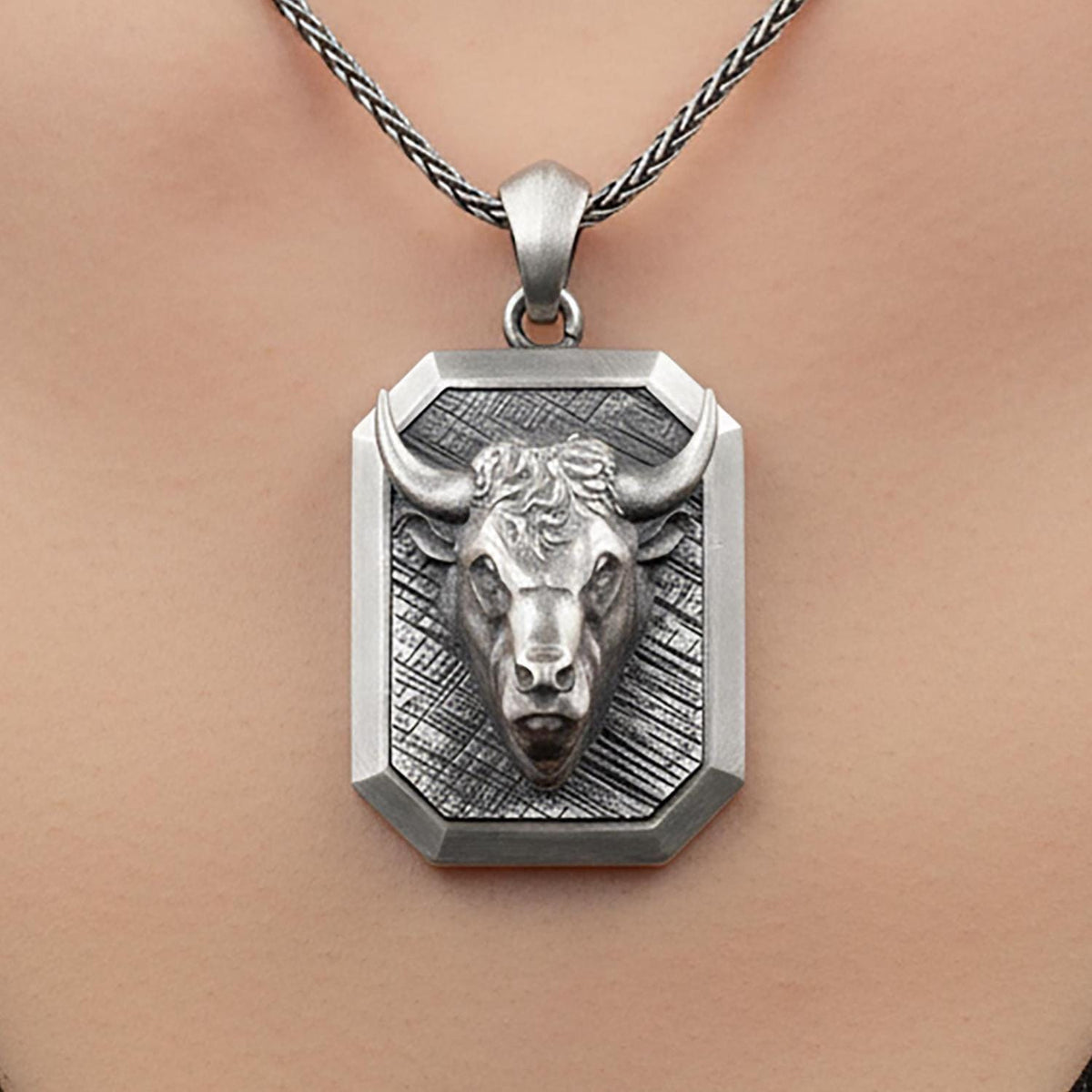 Sterling Silver Bull Head Pendant Necklace, Engravable Taurus Jewelry