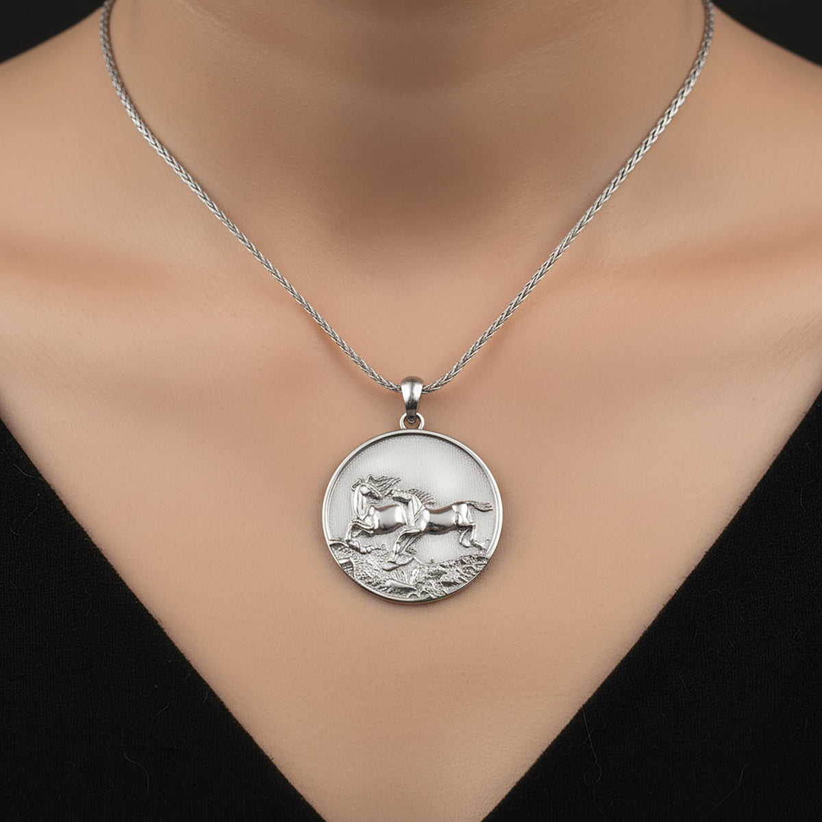 Sterling Silver Running Horse Pendant – Equestrian Medallion Necklace