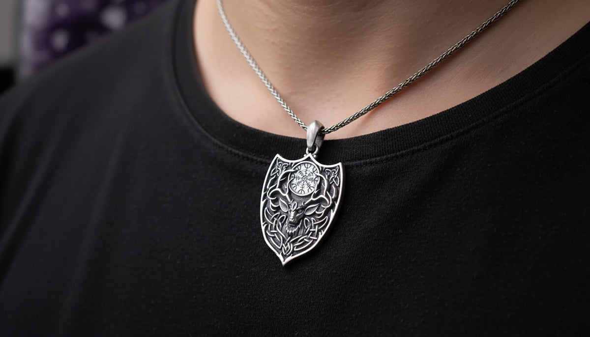 Handmade Sterling Silver Vegvisir Deer Pendant, Gothic Antler Necklace