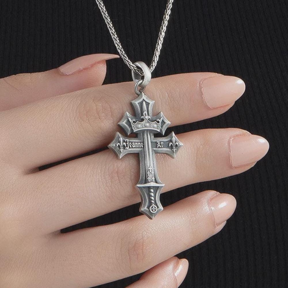 Sterling Silver Jeanne D'Arc Cross Necklace - Gothic Fleur De Lis Pendant