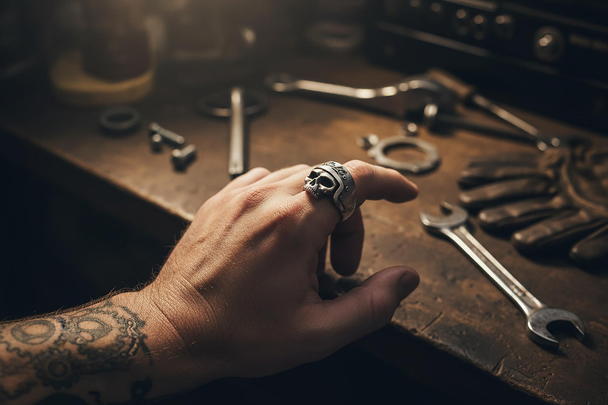 Handmade Sterling Silver Biker Skull Ring, Oxidized Gothic Jewelry