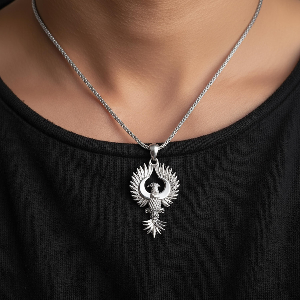 Oxidized Sterling Silver Eagle Pendant Necklace, Winged Animal Jewelry