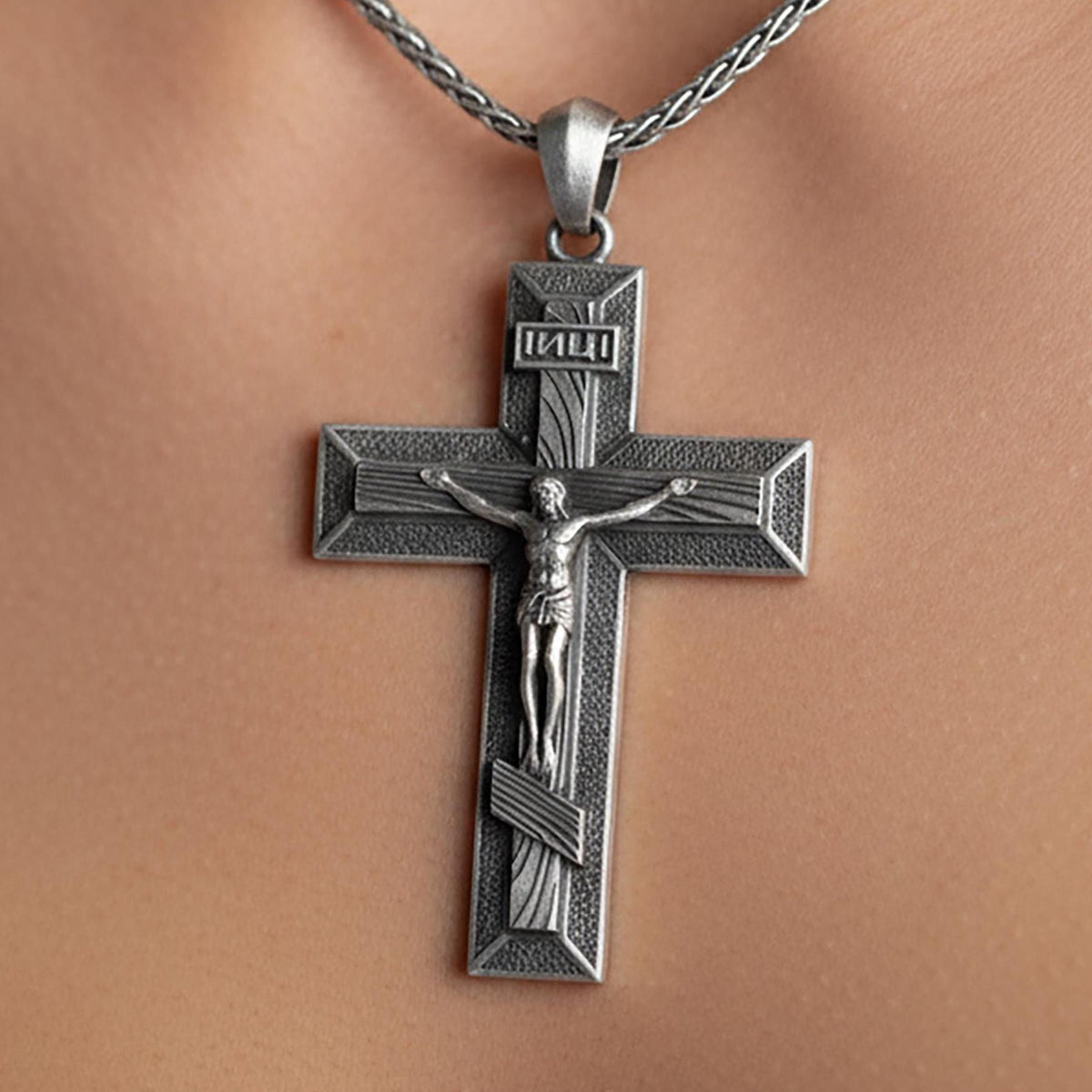 Sterling Silver Jesus Cross Necklace - Oxidized Compass Pendant