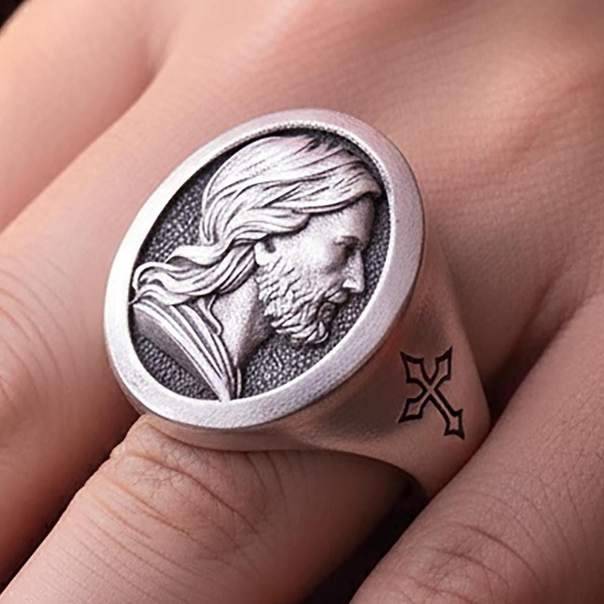 Sterling Silver Jesus Christ Ring, Handmade Religious Signet