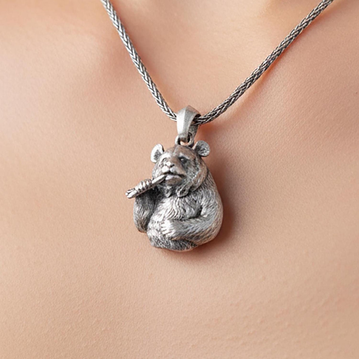 Handmade Sterling Silver Panda Necklace, Bamboo Eater Pendant, Animal Jewelry