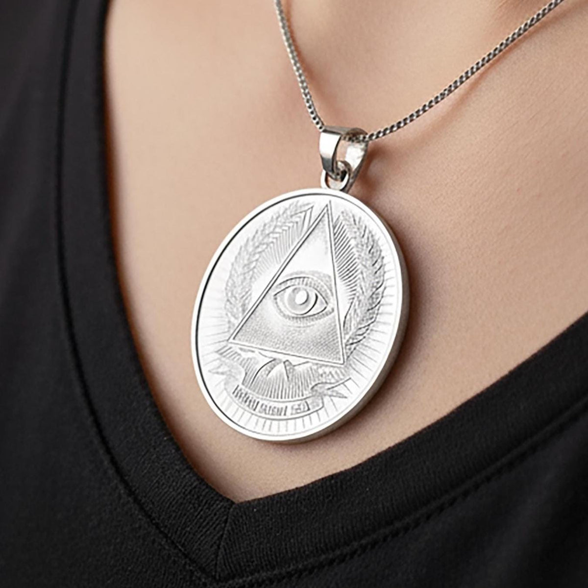 Sterling Silver All Seeing Eye Medallion Necklace - Masonic Illuminati Pendant