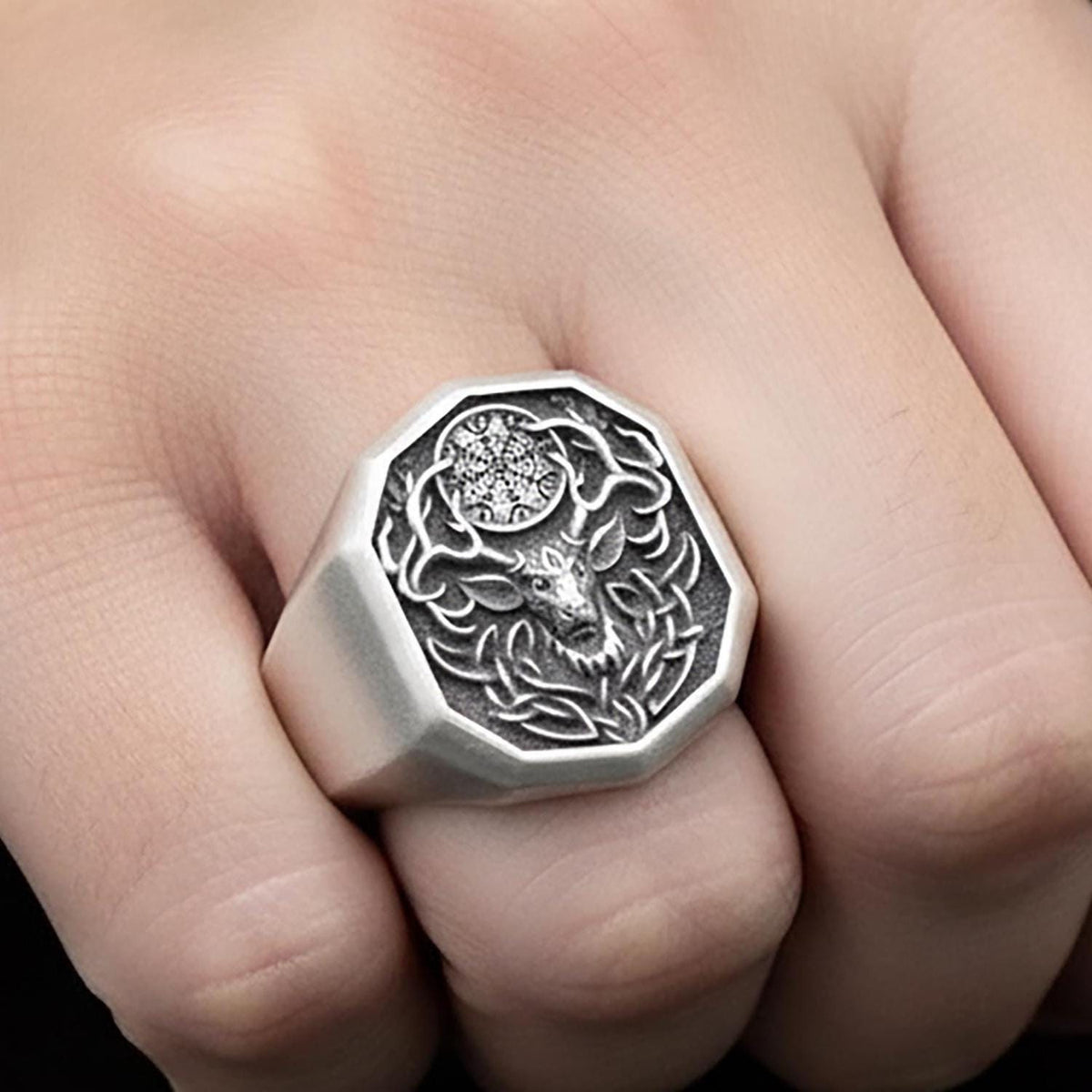 Sterling Silver Deer Vegvisir Ring – Celtic Norse Band, Engravable