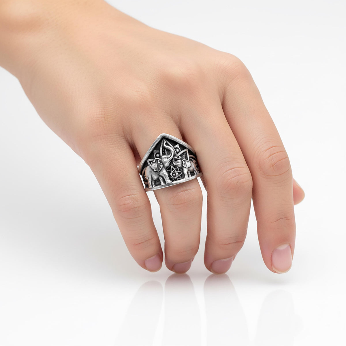 Sterling Silver Hindu Elephant Ring, Asian Inspired Jewelry