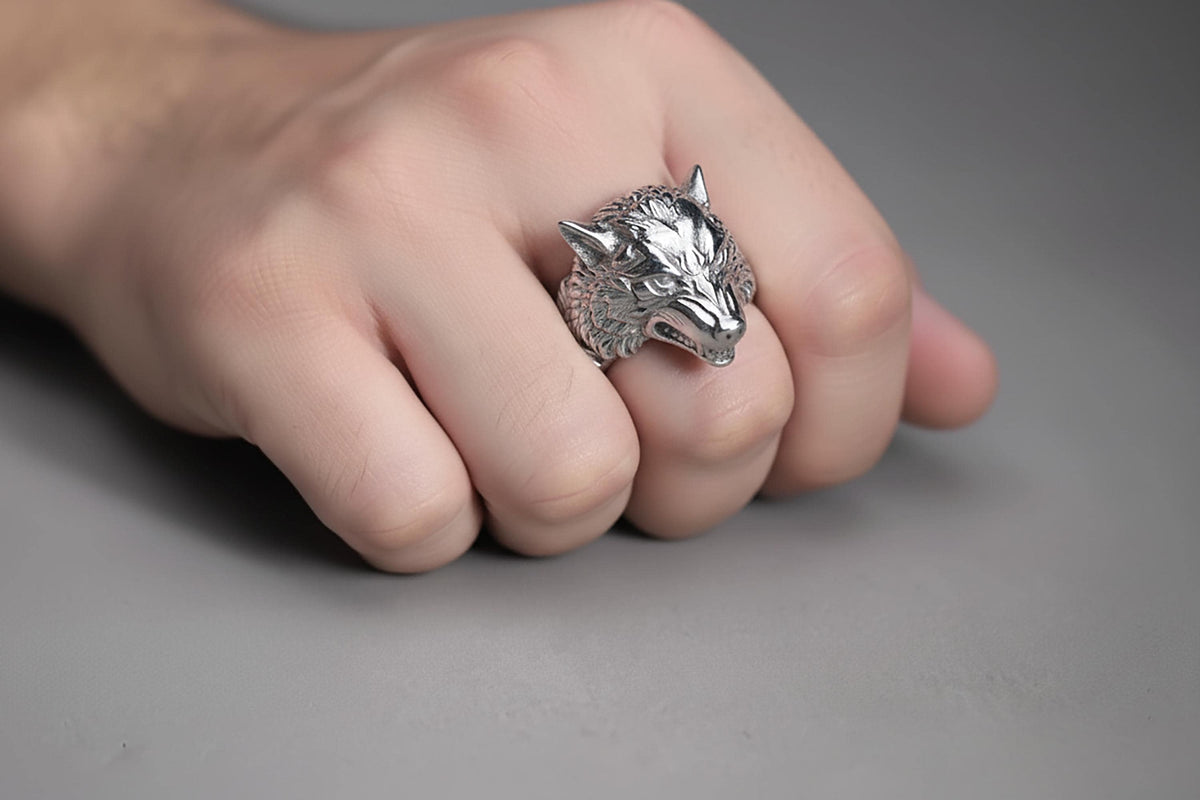 Handmade Sterling Silver Wolf Head Ring, Animal Signet Jewelry