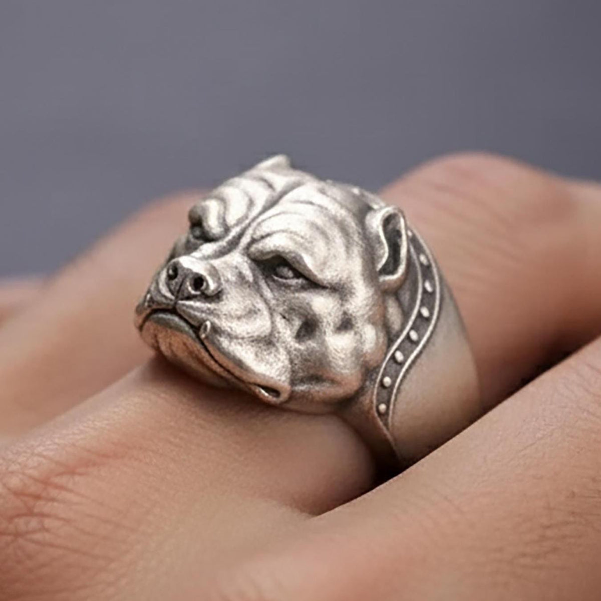 Sterling Silver Pitbull Head Ring, Biker Dog Breed Jewelry