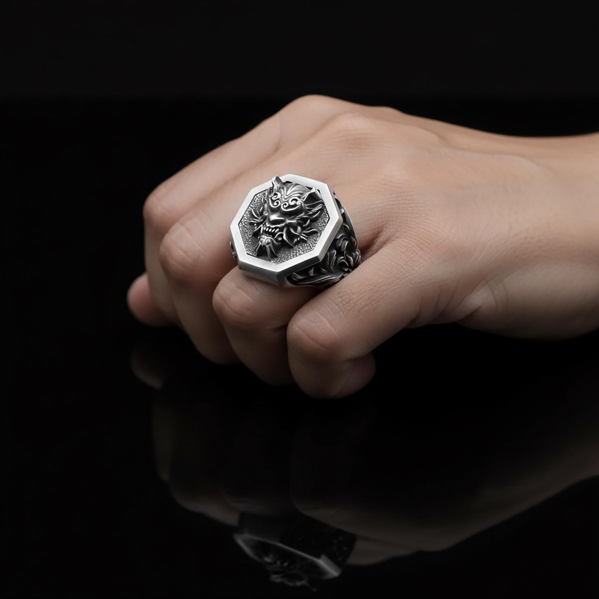 Sterling Silver Oni Mask Ring, Japanese Biker Hannya Ghost Jewelry