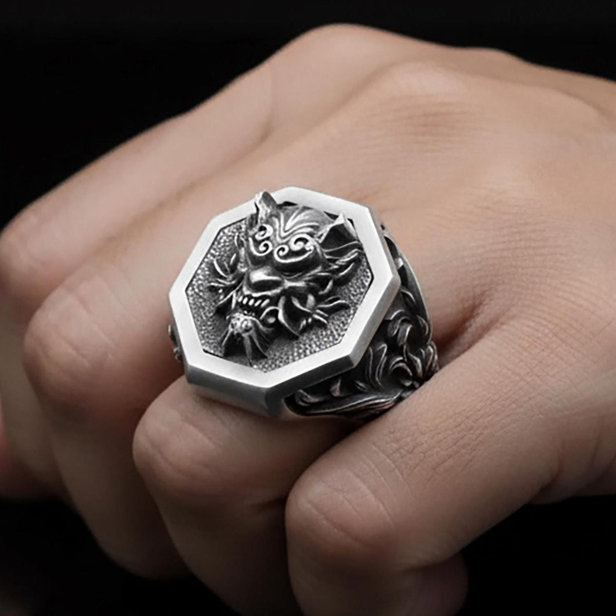 Sterling Silver Oni Mask Ring, Japanese Biker Hannya Ghost Jewelry