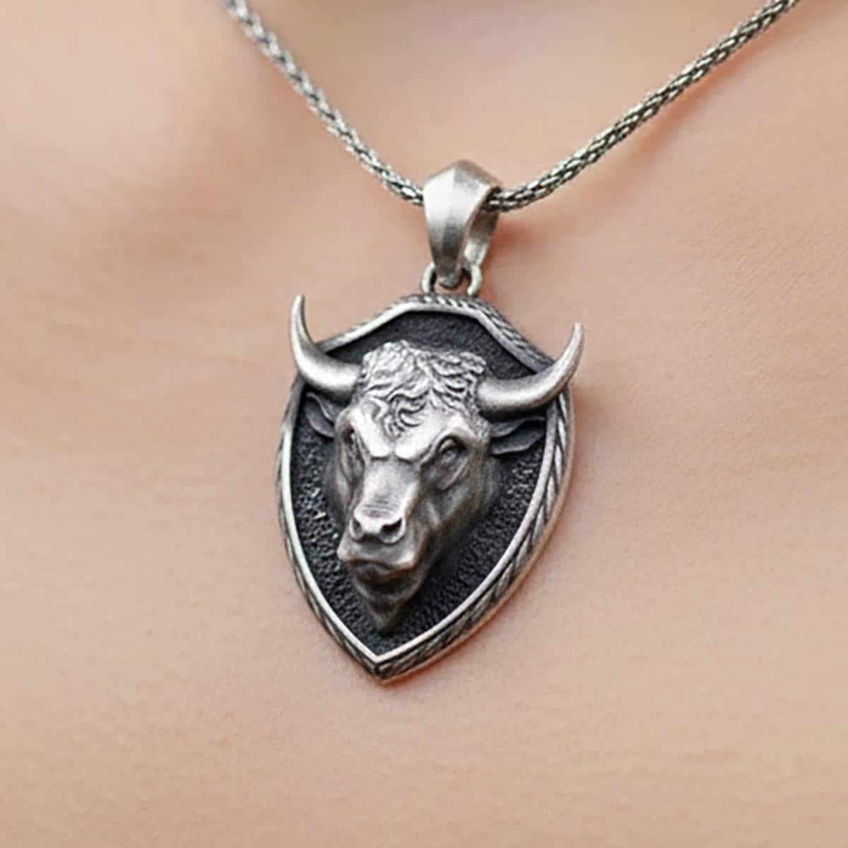 Sterling Silver Shield Bull Pendant Necklace, Taurus Zodiac Amulet
