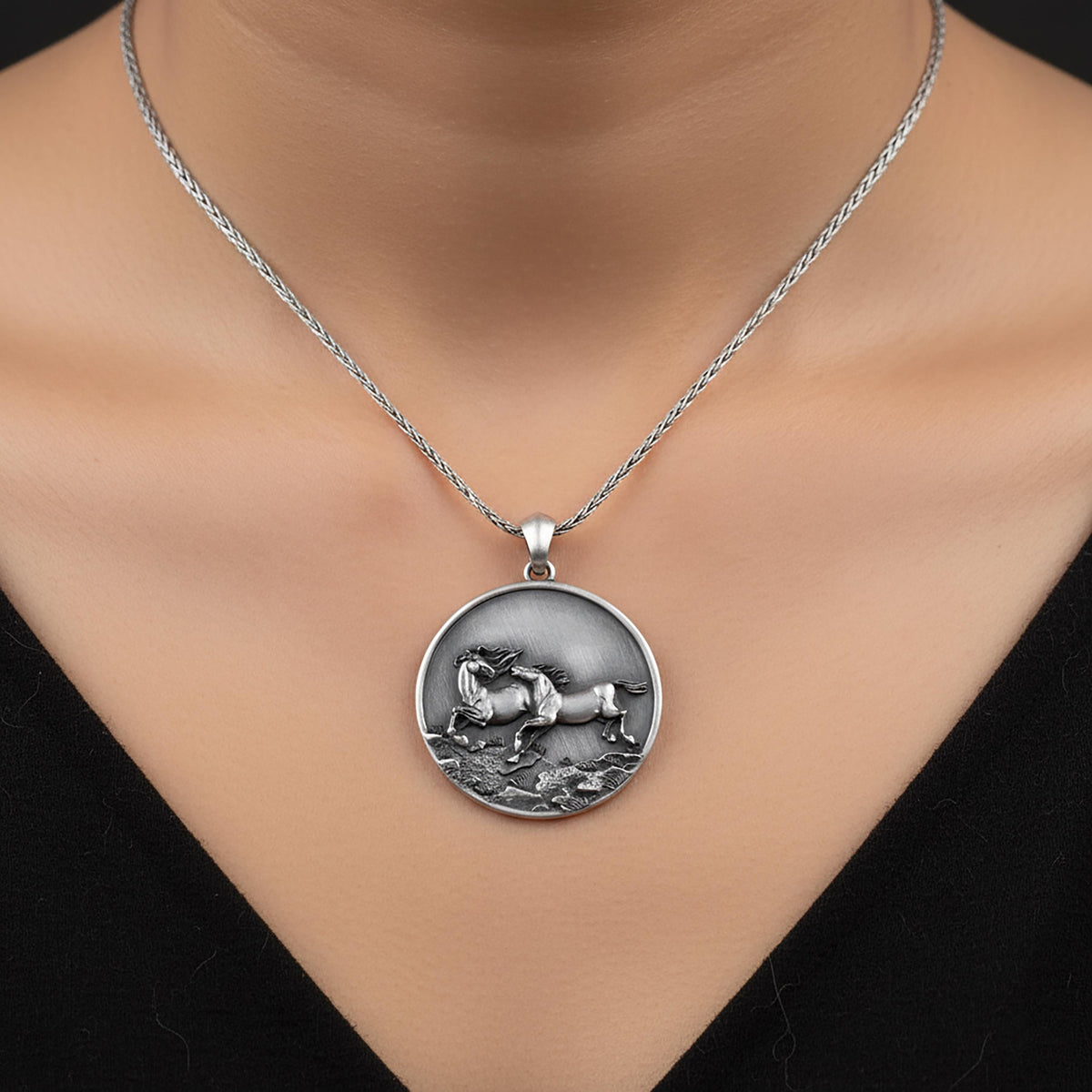 Sterling Silver Running Horse Pendant – Equestrian Medallion Necklace