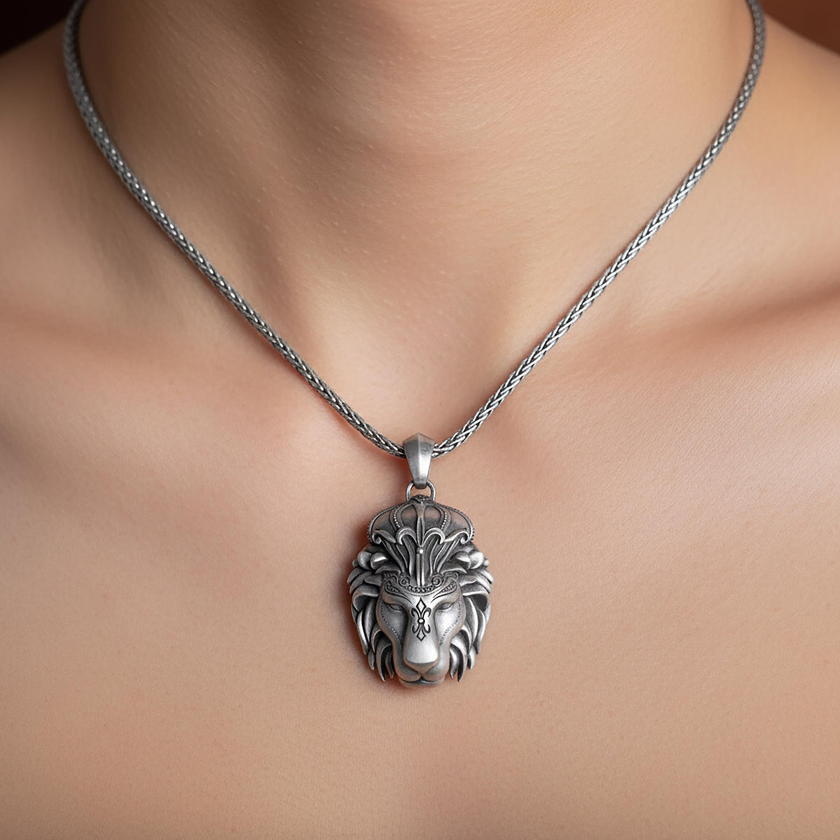 Sterling Silver Lion Head Necklace, Animal Charm Pendant