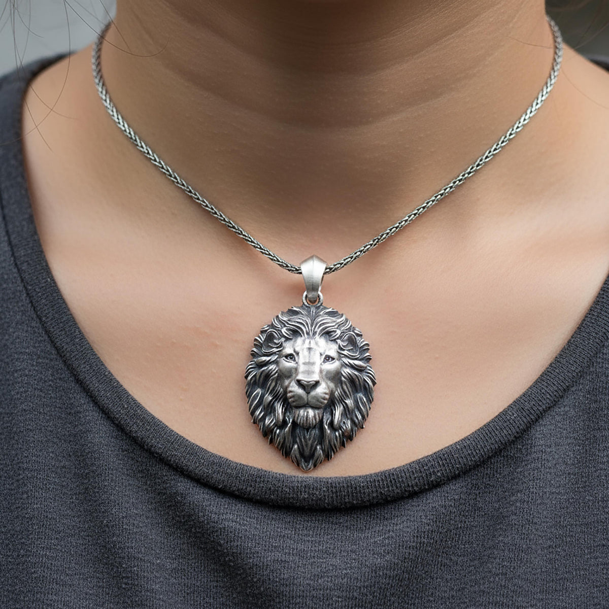 Sterling Silver Lion Necklace, Lion Head Pendant for Men
