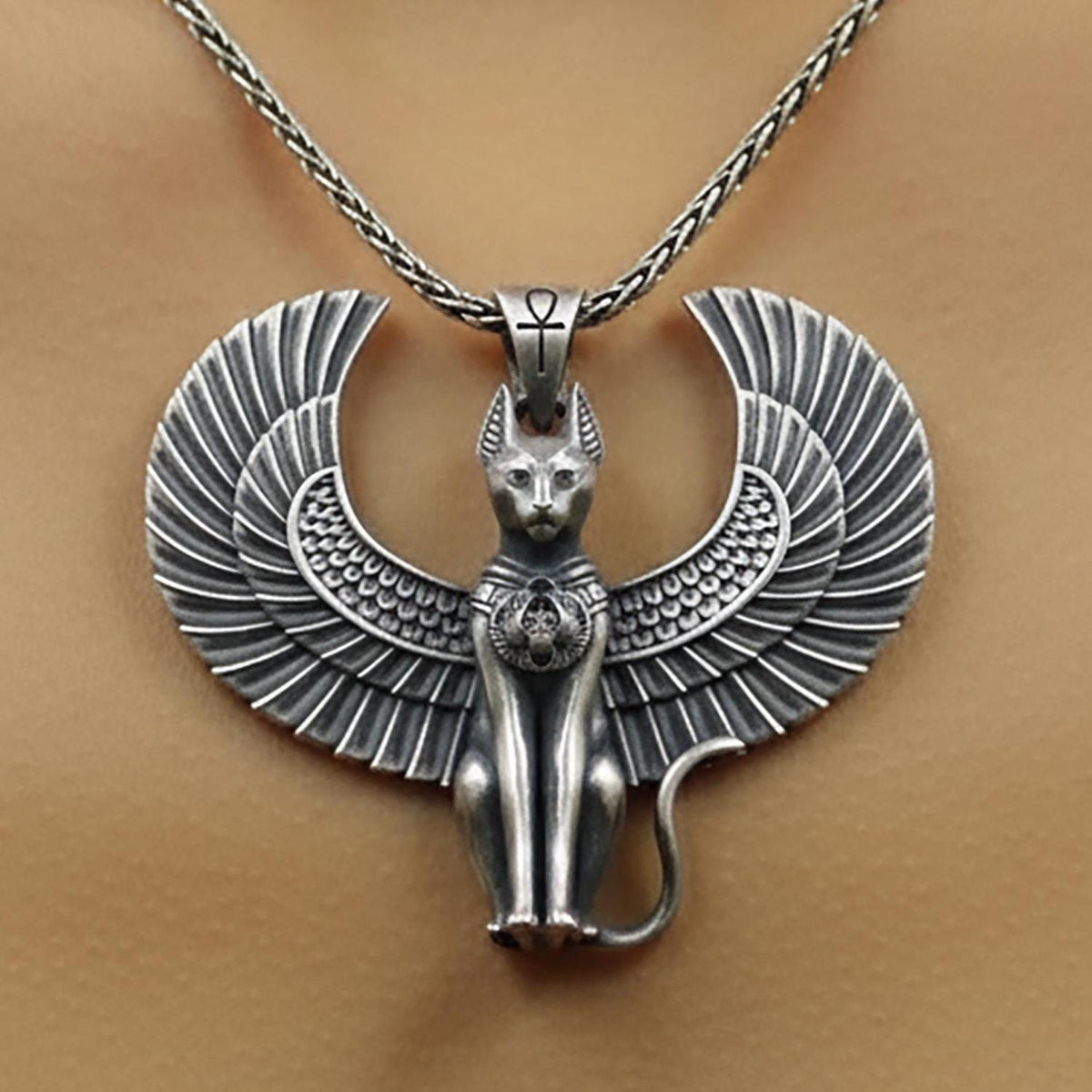 Sterling Silver Egyptian Cat Sphinx Necklace: Ankh Pendant