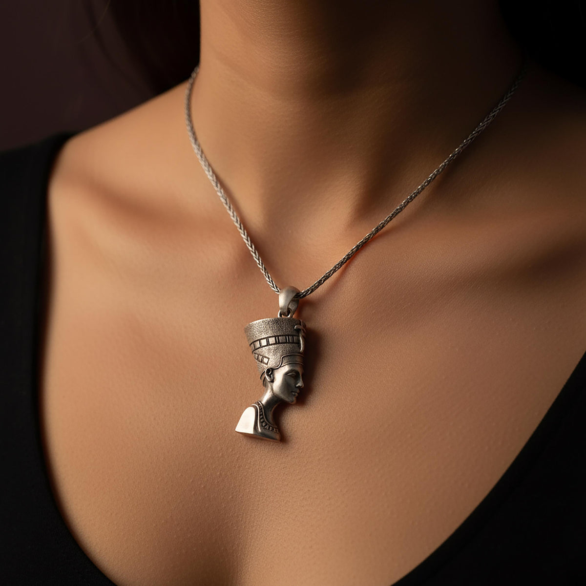 Sterling Silver Nefertiti Pendant Necklace, Egyptian Empress Charm
