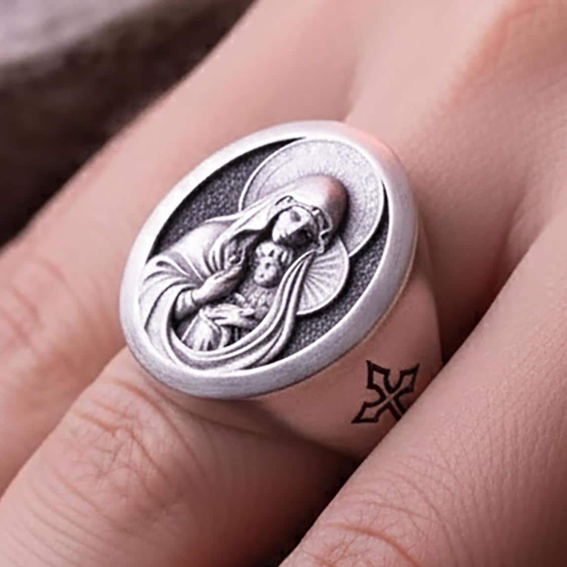 Mary and Jesus Sterling Silver Signet Ring – Catholic Jewelry