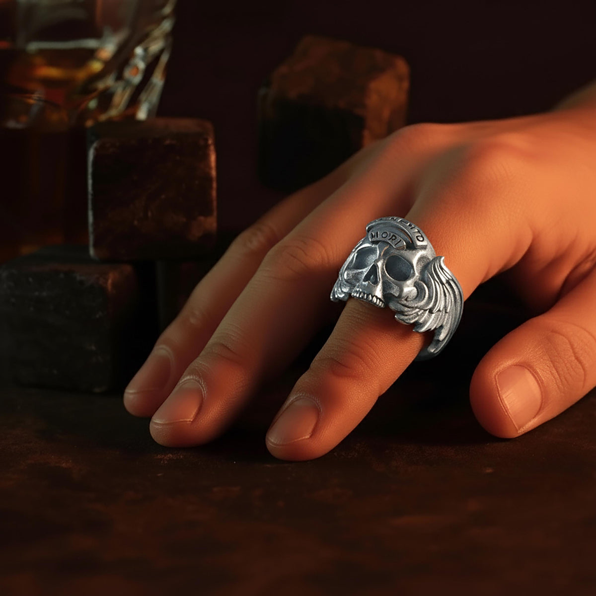 Memento Mori Skull Ring, Winged Gothic Sterling Silver Jewelry