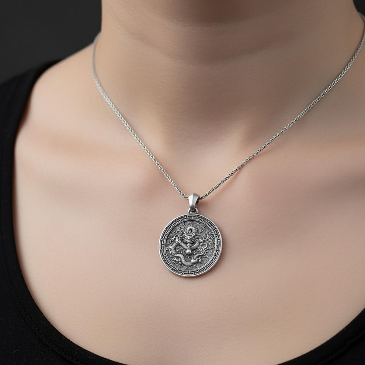 Chinese Dragon Pendant Necklace, Sterling Silver Asian Jewelry