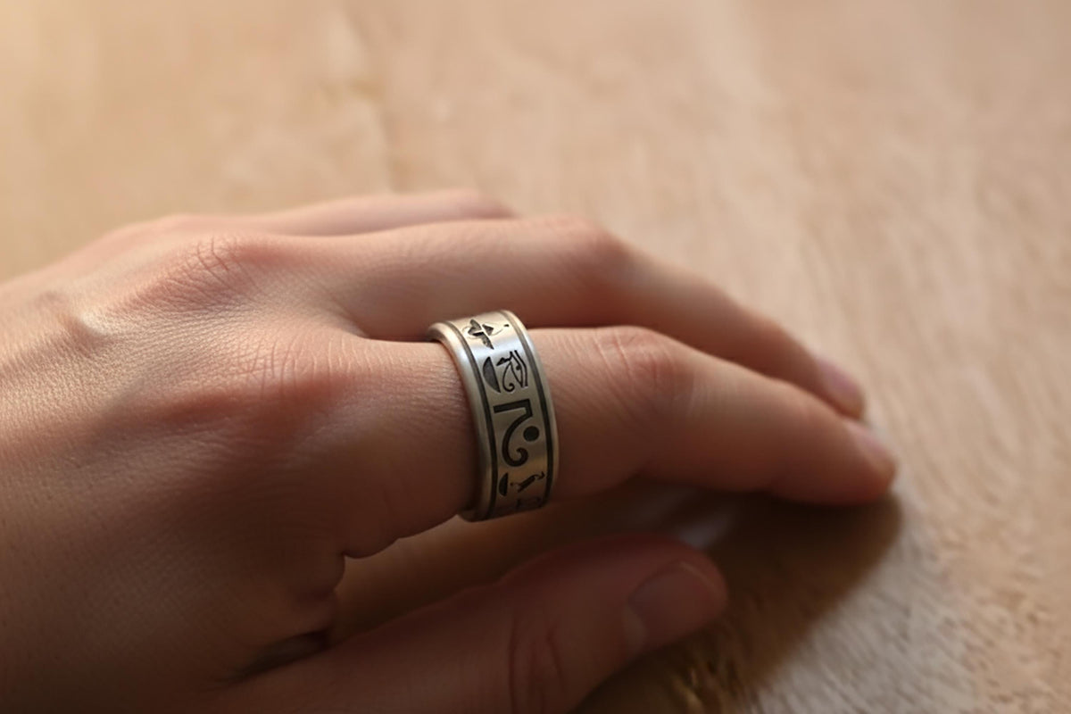 Sterling Silver Ankh Ring: Egyptian Hieroglyphs, Eye of Horus
