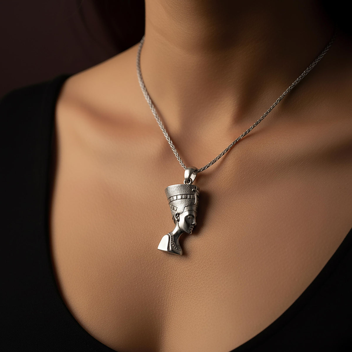 Sterling Silver Nefertiti Pendant Necklace, Egyptian Empress Charm