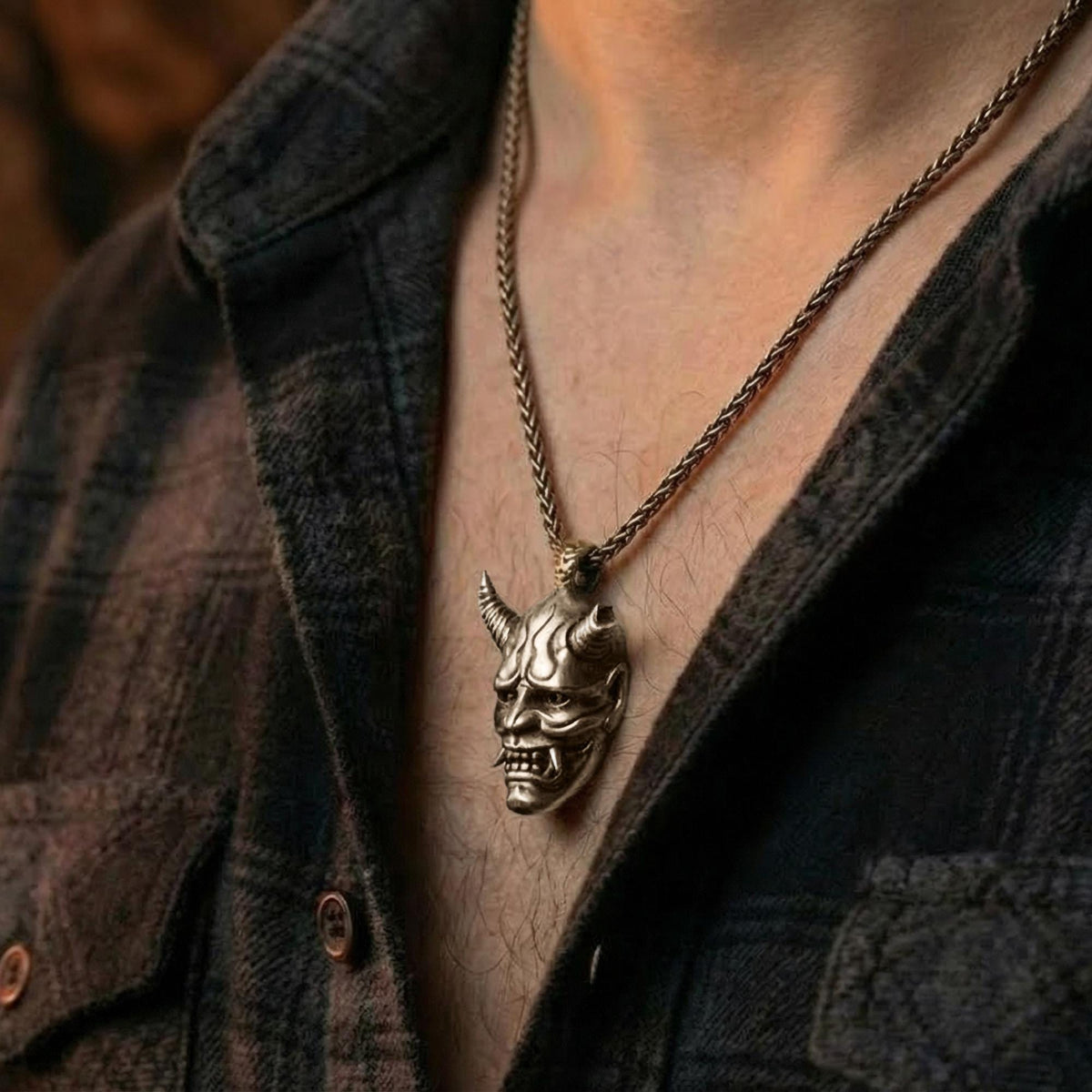 Sterling Silver Oni Mask Pendant Necklace, Japanese Demon Jewelry, Samurai Kabuki Necklace