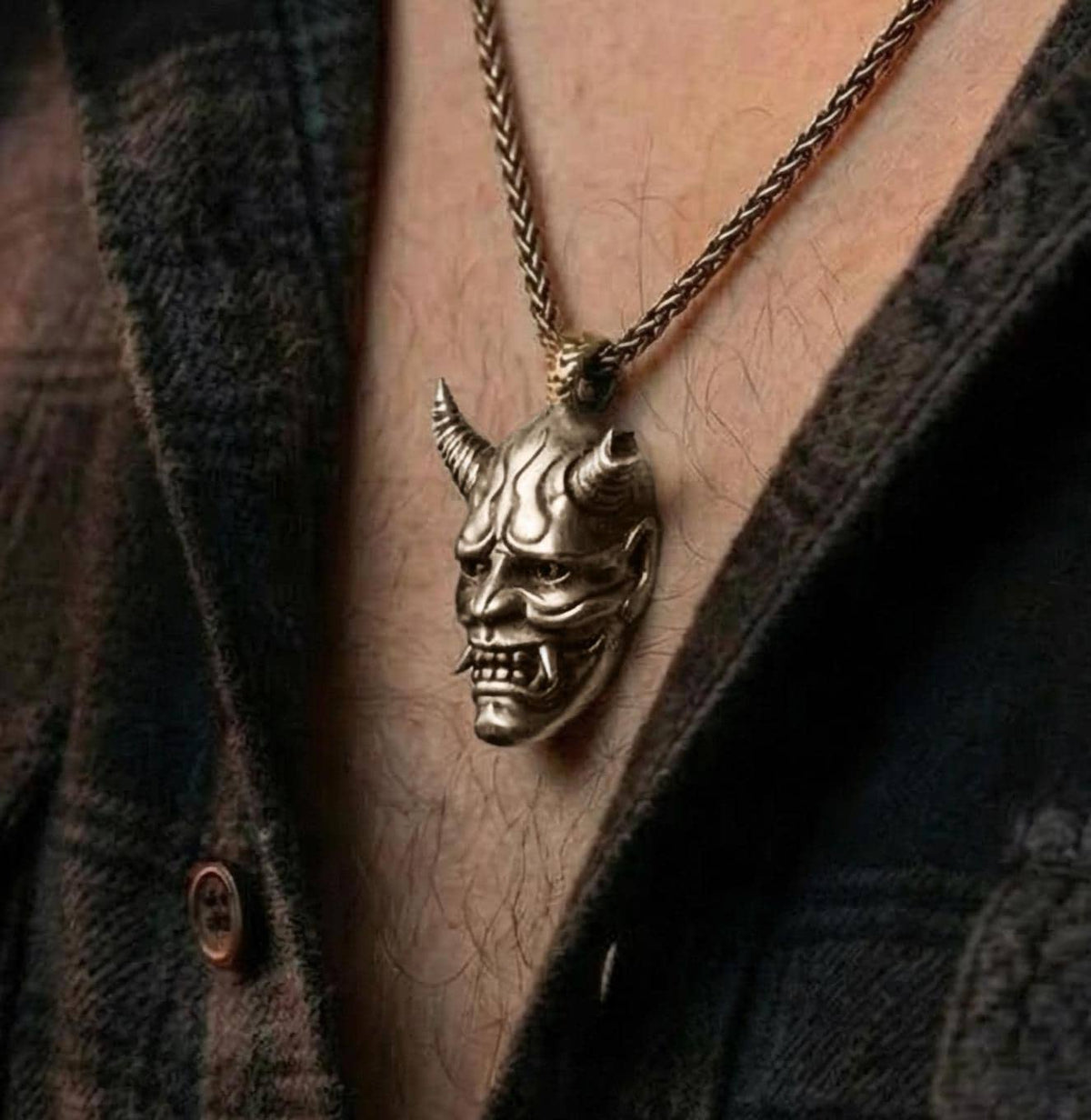Sterling Silver Oni Mask Pendant Necklace, Japanese Demon Jewelry, Samurai Kabuki Necklace