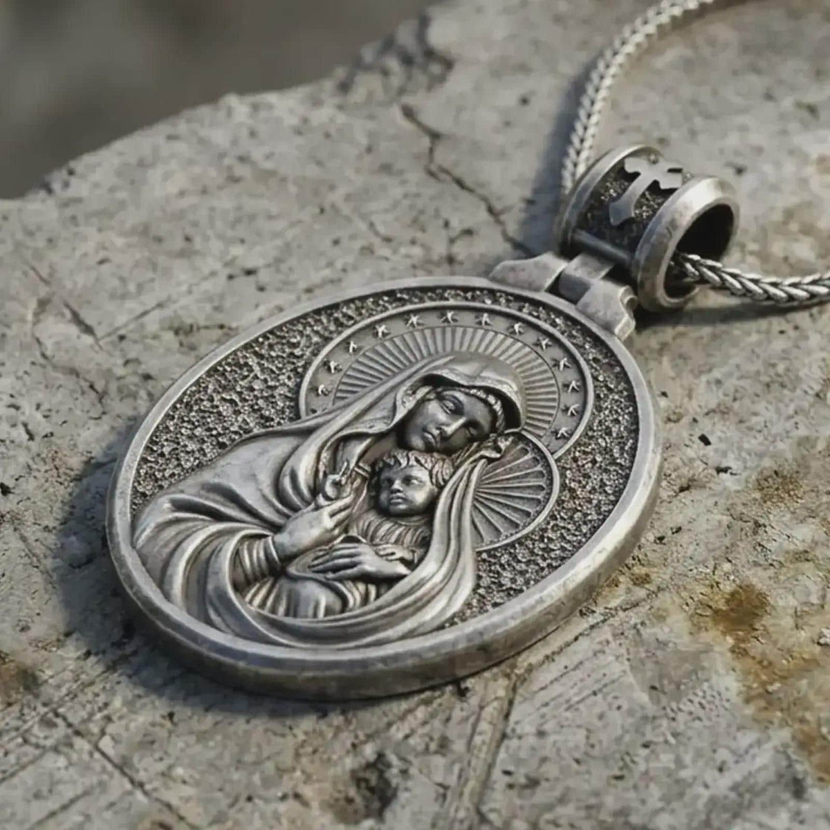 925 Silver Virgin Mary Jesus Pendant – Catholic Devotion Medal, Mother Child Love