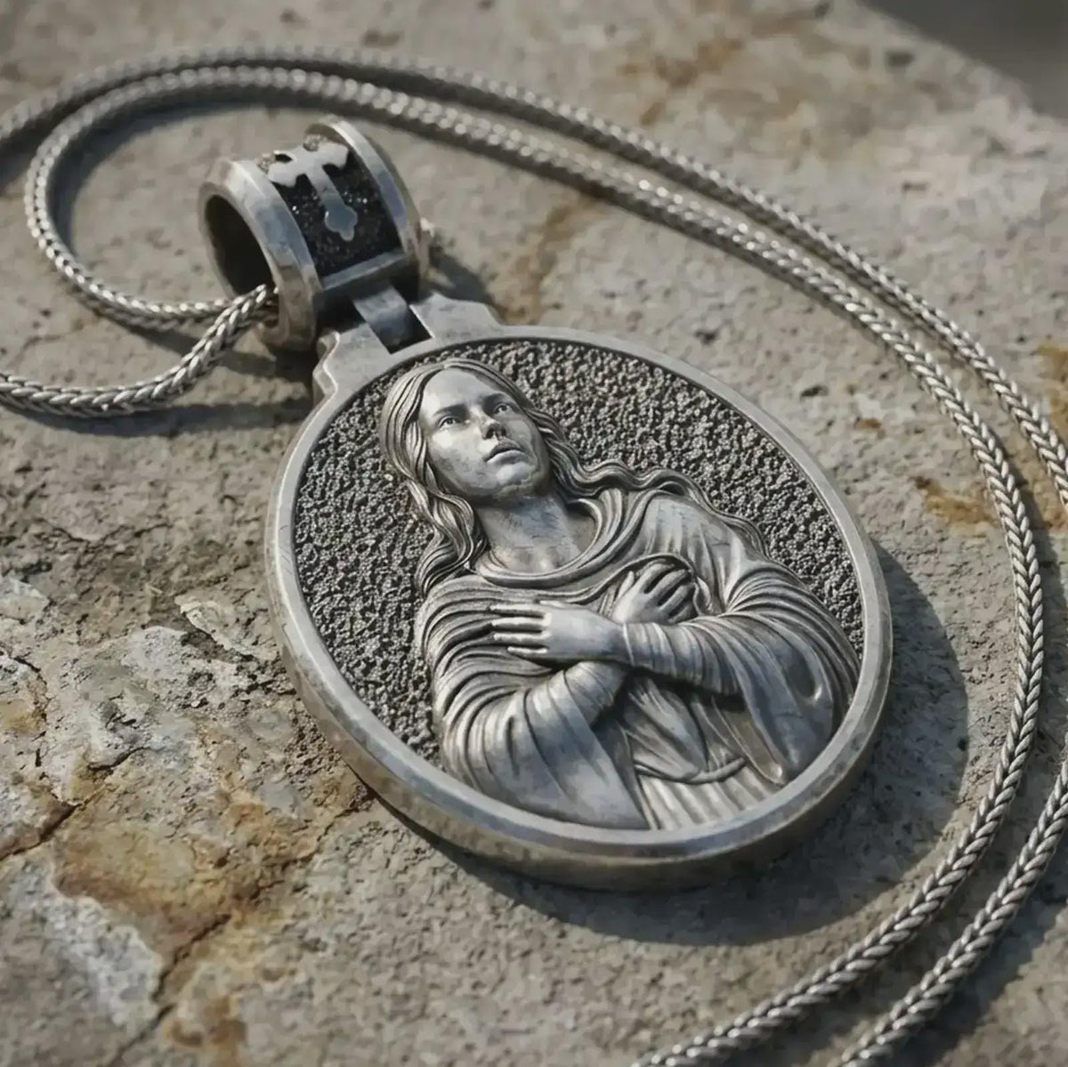 Sterling Silver Virgin Mary Prayer Pendant – Catholic Devotion Medal, Holy Mother Grace