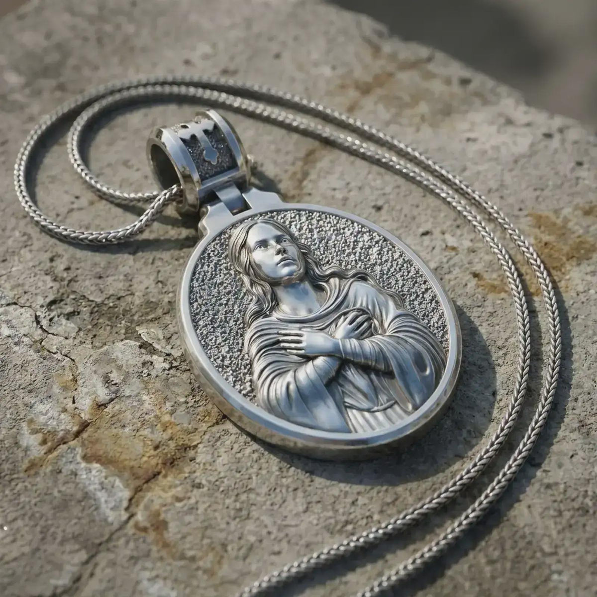 Sterling Silver Virgin Mary Prayer Pendant – Catholic Devotion Medal, Holy Mother Grace