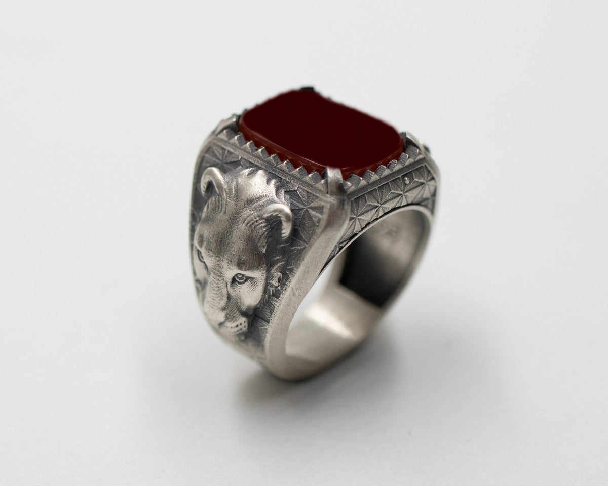 Handmade Sterling Silver Lioness Ring, Tiger Eye, Onyx, Garnet