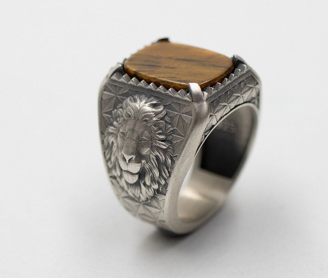 Oxidized Sterling Silver Lion Head Ring, Garnet Gemstone