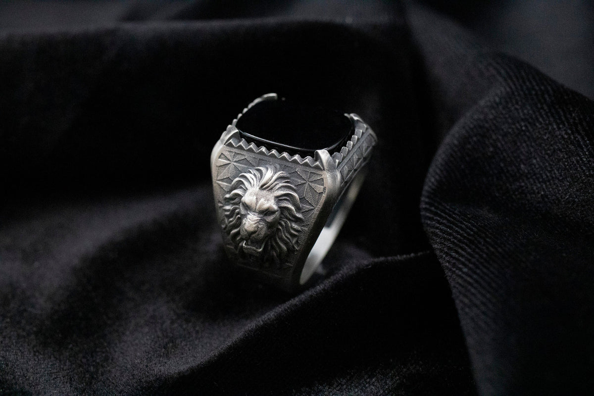 Oxidized Sterling Silver Lion Ring, Tiger Eye Gemstone, Animal Signet