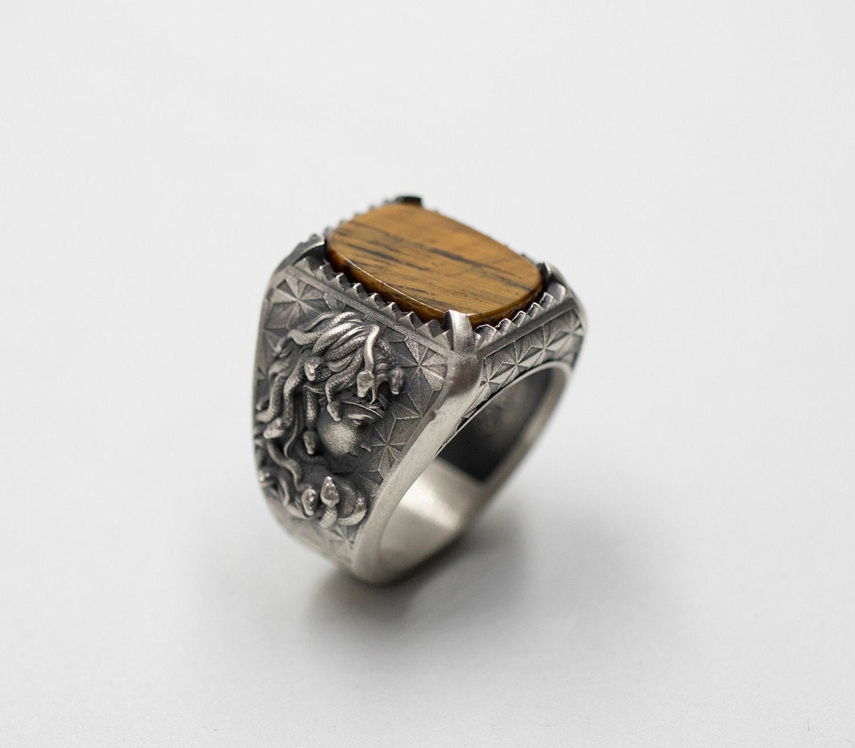 Handmade Medusa Head Sterling Silver Ring, Tigers Eye Signet